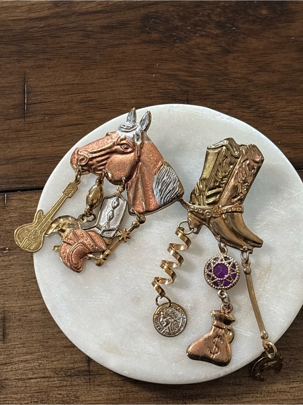 Vintage Western Horse & Boot Charm Brooch Pair - Gold & Rose-Tone